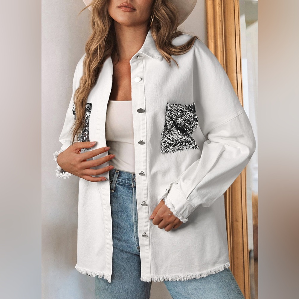 Sequin Pocket Drop Shoulder Raw Hem Button Down